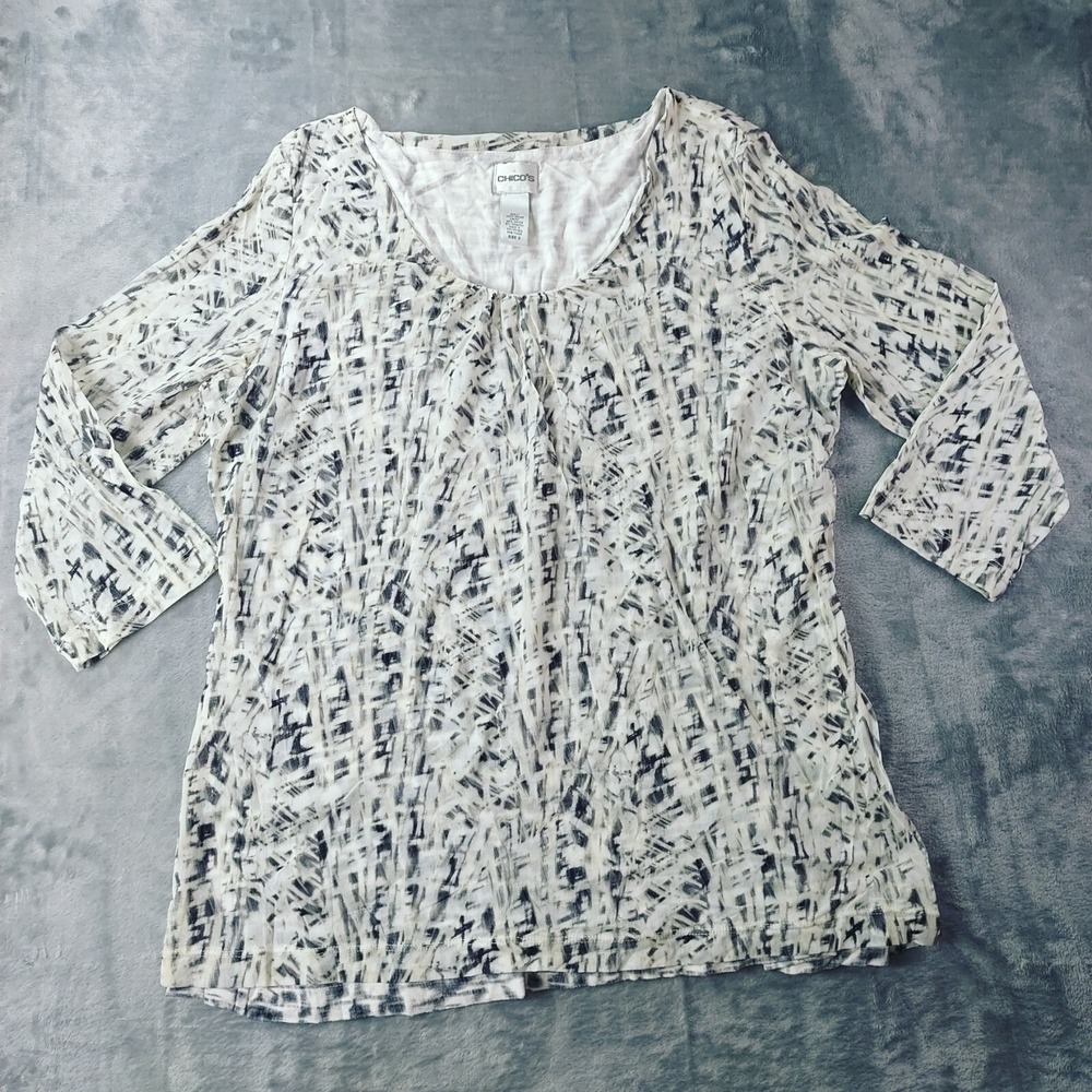 Chicos Womens Size‎ 3 US XL 16 Black Ivory Abstract Peasant 3/4 Sleeve Blouse
